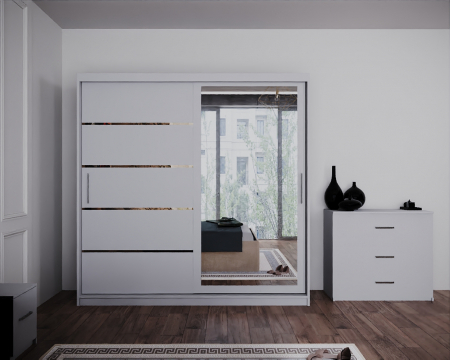 Dormitor Regal cu Pat Tapitat Stofa Bej cu dulap 200*200 usi glisante Alb cu Oglinda, noptiere si comoda [2]