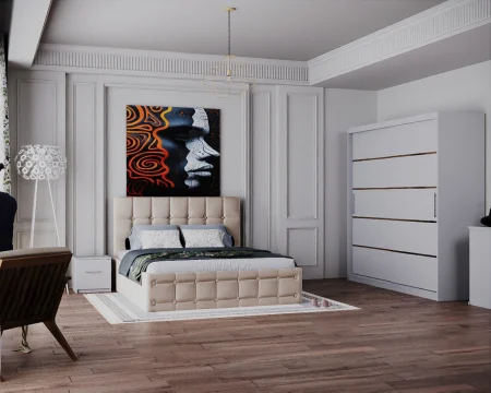 Dormitor Regal cu Pat Tapitat Stofa Bej cu dulap 200*200 usi glisante Alb, noptiere si comoda [1]