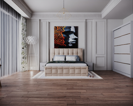 Seturi Dormitor - Dormitor Regal cu Pat Tapitat Stofa Bej cu dulap 200*200 usi glisante Alb, noptiere si comoda