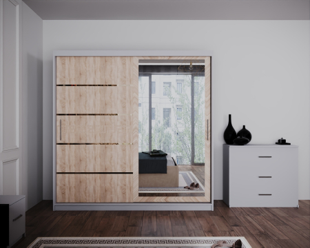 Dormitor Regal cu Pat Tapitat Stofa Bej cu dulap 200*200 usi glisante Sonoma&Alb cu Oglinda, noptiere si comoda [2]