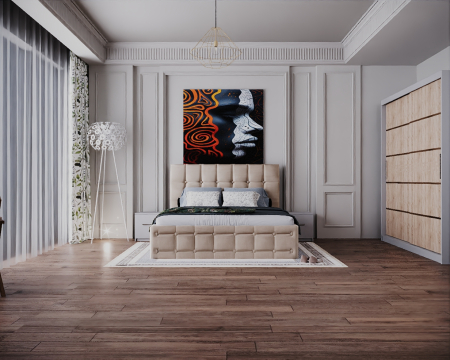 Seturi Dormitor - Dormitor Regal cu Pat Tapitat Stofa Bej cu dulap 200*200 usi glisante Sonoma&Alb, noptiere si comoda