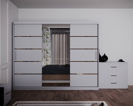 Dormitor Regal cu Pat Tapitat Stofa Bej cu dulap 250*200 usi glisante Alb cu Oglinda, noptiere si comoda [2]