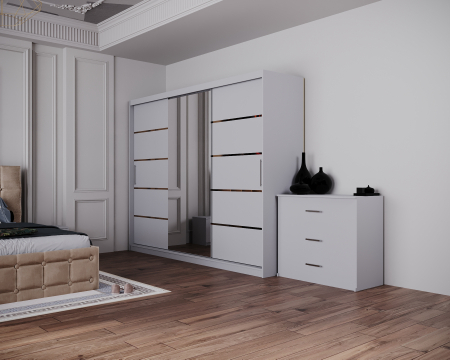 Dormitor Regal cu Pat Tapitat Stofa Bej cu dulap 250*200 usi glisante Alb cu Oglinda, noptiere si comoda [4]