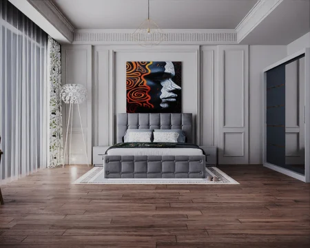 Dormitor Regal cu Pat Tapitat Stofa Gri cu dulap 200*200 usi glisante Alb&Antracit cu Oglinda, noptiere si comoda Seturi Dormitor - Dormitor Regal cu Pat Tapitat Stofa Gri cu dulap 200*200 usi glisante Alb&Antracit cu Oglinda, noptiere si comoda