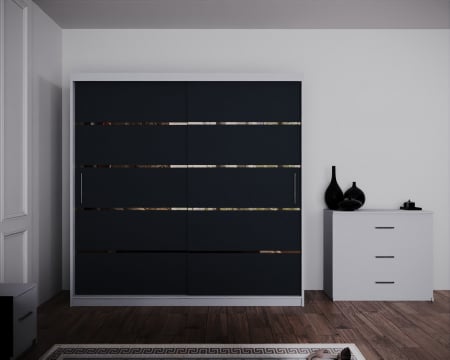 Dormitor Regal cu Pat Tapitat Stofa Gri cu dulap 200*200 usi glisante Alb&Antracit, noptiere si comoda [2]