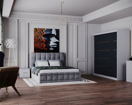 Dormitor Regal cu Pat Tapitat Stofa Gri cu dulap 200*200 usi glisante Alb&Antracit, noptiere si comoda [1]