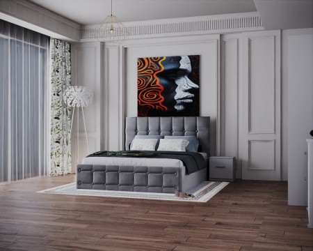 Dormitor Regal cu Pat Tapitat Stofa Gri cu dulap 200*200 usi glisante Alb cu Oglinda, noptiere si comoda [3]