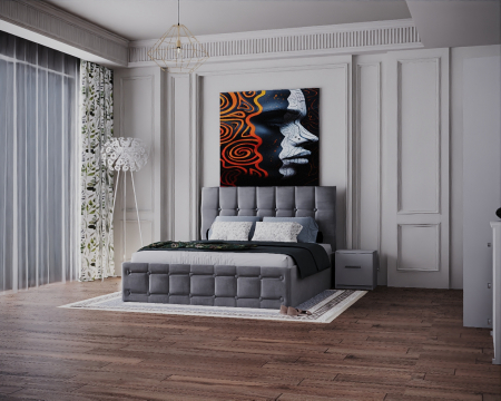 Dormitor Regal cu Pat Tapitat Stofa Gri cu dulap 200*200 usi glisante Alb, noptiere si comoda [3]