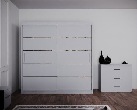 Dormitor Regal cu Pat Tapitat Stofa Gri cu dulap 200*200 usi glisante Alb, noptiere si comoda [2]