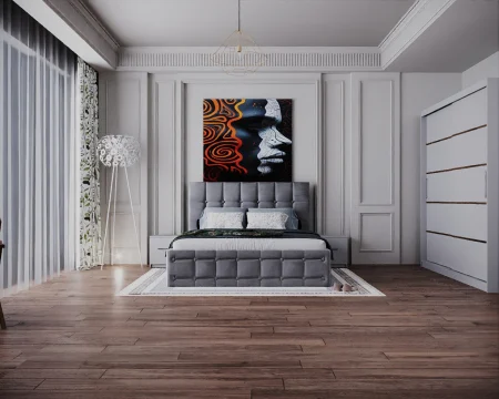 Dormitor Regal cu Pat Tapitat Stofa Gri cu dulap 200*200 usi glisante Alb, noptiere si comoda Seturi Dormitor - Dormitor Regal cu Pat Tapitat Stofa Gri cu dulap 200*200 usi glisante Alb, noptiere si comoda