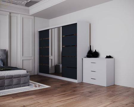 Dormitor Regal cu Pat Tapitat Stofa Gri cu dulap 250*200 usi glisante Alb&Antracit cu Oglinda, noptiere si comoda [4]