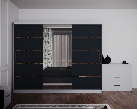 Dormitor Regal cu Pat Tapitat Stofa Gri cu dulap 250*200 usi glisante Alb&Antracit cu Oglinda, noptiere si comoda [2]