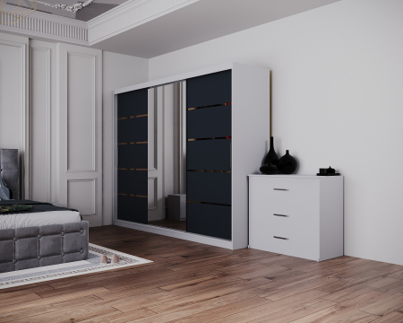 Dormitor Regal cu Pat Tapitat Stofa Gri cu dulap 250*200 usi glisante Alb&Antracit cu Oglinda, noptiere si comoda [4]