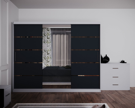 Dormitor Regal cu Pat Tapitat Stofa Gri cu dulap 250*200 usi glisante Alb&Antracit cu Oglinda, noptiere si comoda [2]