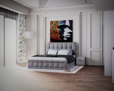 Dormitor Regal cu Pat Tapitat Stofa Gri cu dulap 250*200 usi glisante Alb&Antracit, noptiere si comoda [3]