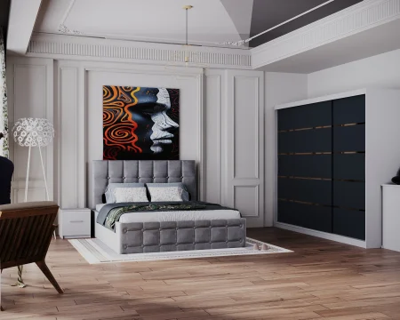 Dormitor Regal cu Pat Tapitat Stofa Gri cu dulap 250*200 usi glisante Alb&Antracit, noptiere si comoda Seturi Dormitor - Dormitor Regal cu Pat Tapitat Stofa Gri cu dulap 250*200 usi glisante Alb&Antracit, noptiere si comoda
