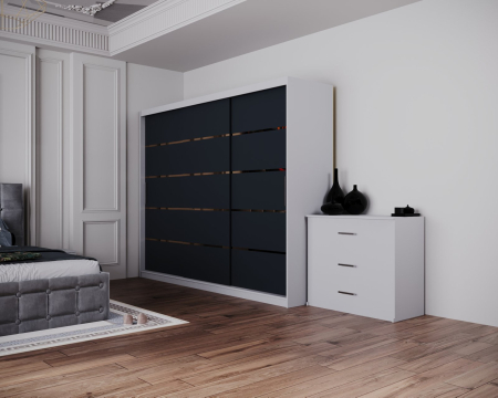 Dormitor Regal cu Pat Tapitat Stofa Gri cu dulap 250*200 usi glisante Alb&Antracit, noptiere si comoda [4]