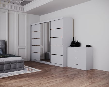 Dormitor Regal cu Pat Tapitat Stofa Gri cu dulap 250*200 usi glisante Alb cu Oglinda, noptiere si comoda [4]