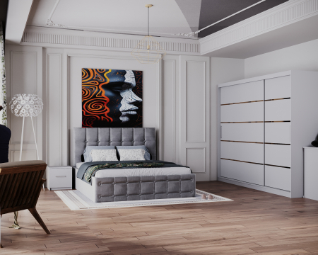 Dormitor Regal cu Pat Tapitat Stofa Gri cu dulap 250*200 usi glisante Alb , noptiere si comoda [3]