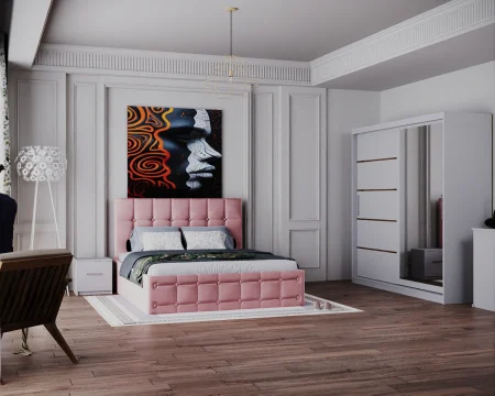 Dormitor Regal cu Pat Tapitat Stofa Roz cu dulap 200*200 usi glisante Alb cu Oglinda, noptiere si comoda [1]