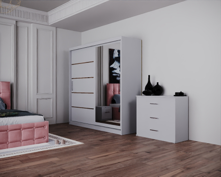 Dormitor Regal cu Pat Tapitat Stofa Roz cu dulap 200*200 usi glisante Alb cu Oglinda, noptiere si comoda [4]