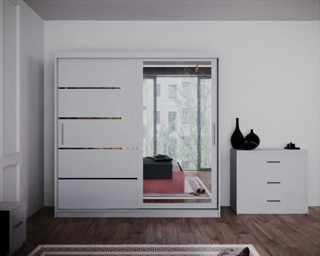 Dormitor Regal cu Pat Tapitat Stofa Roz cu dulap 200*200 usi glisante Alb cu Oglinda, noptiere si comoda [2]