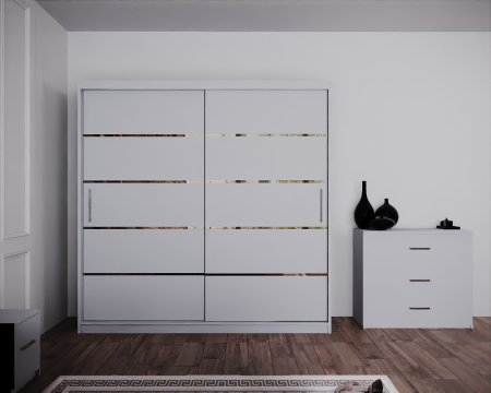 Dormitor Regal cu Pat Tapitat Stofa Roz cu dulap 200*200 usi glisante Alb, noptiere si comoda [2]