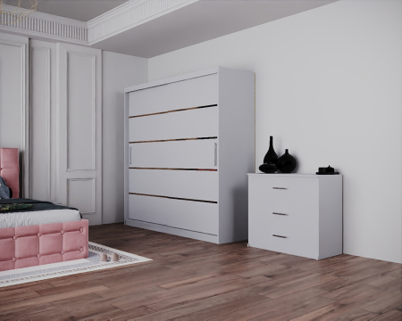 Dormitor Regal cu Pat Tapitat Stofa Roz cu dulap 200*200 usi glisante Alb, noptiere si comoda [4]