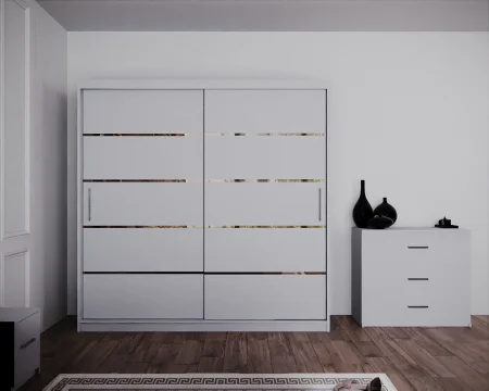 Dormitor Regal cu Pat Tapitat Stofa Roz cu dulap 200*200 usi glisante Sonoma&Alb, noptiere si comoda [2]