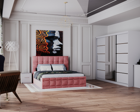 Dormitor Regal cu Pat Tapitat Stofa Roz cu dulap 250*200 usi glisante Alb cu Oglinda, noptiere si comoda [1]