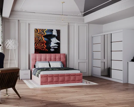 Seturi Dormitor - Dormitor Regal cu Pat Tapitat Stofa Roz cu dulap 250*200 usi glisante Alb cu Oglinda, noptiere si comoda