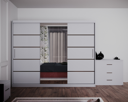 Dormitor Regal cu Pat Tapitat Stofa Roz cu dulap 250*200 usi glisante Alb cu Oglinda, noptiere si comoda [2]