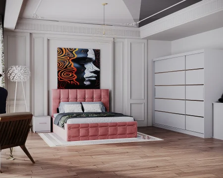 Seturi Dormitor - Dormitor Regal cu Pat Tapitat Stofa Roz cu dulap 250*200 usi glisante Alb, noptiere si comoda