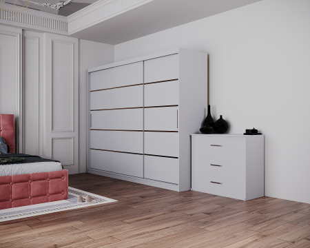 Dormitor Regal cu Pat Tapitat Stofa Roz cu dulap 250*200 usi glisante Alb, noptiere si comoda [4]