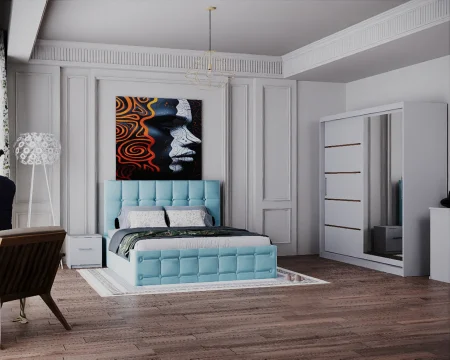 Dormitor Regal cu Pat Tapitat Stofa Turcoaz cu dulap 200*200 usi glisante Alb cu Oglinda, noptiere si comoda [1]