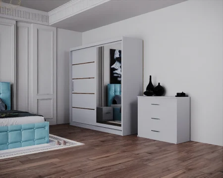 Dormitor Regal cu Pat Tapitat Stofa Turcoaz cu dulap 200*200 usi glisante Alb cu Oglinda, noptiere si comoda [4]