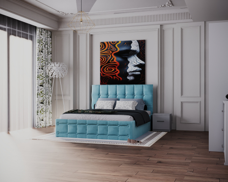 Dormitor Regal cu Pat Tapitat Stofa Turquaz cu dulap 250*200 usi glisante Alb cu Oglinda, noptiere si comoda [3]