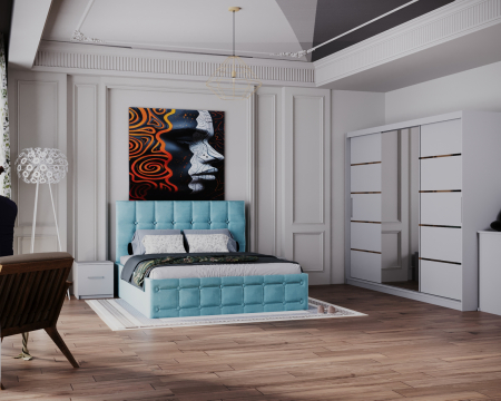 Dormitor Regal cu Pat Tapitat Stofa Turquaz cu dulap 250*200 usi glisante Alb cu Oglinda, noptiere si comoda [1]