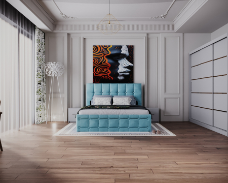 Seturi Dormitor - Dormitor Regal cu Pat Tapitat Stofa Turquaz cu dulap 250*200 usi glisante Alb, noptiere si comoda