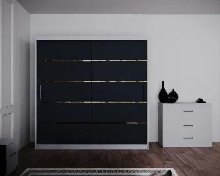 Dormitor Regal cu Pat Tapitat Stofa Verde cu dulap 200*200 usi glisante Alb&Antracit cu, noptiere si comoda [2]