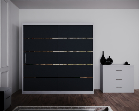 Dormitor Regal cu Pat Tapitat Stofa Verde cu dulap 200*200 usi glisante Alb&Antracit cu, noptiere si comoda [2]