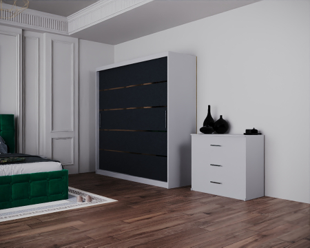 Dormitor Regal cu Pat Tapitat Stofa Verde cu dulap 200*200 usi glisante Alb&Antracit cu, noptiere si comoda [4]