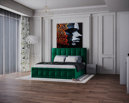 Dormitor Regal cu Pat Tapitat Stofa Verde cu dulap 200*200 usi glisante Alb&Antracit cu Oglinda, noptiere si comoda [3]