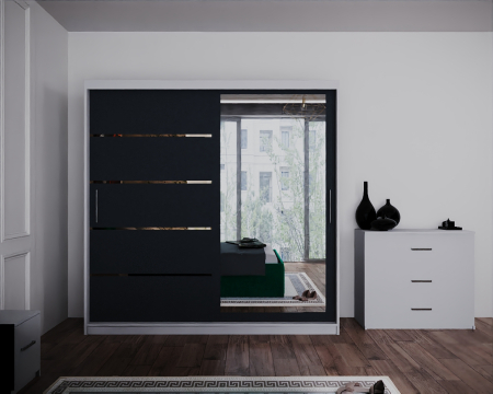 Dormitor Regal cu Pat Tapitat Stofa Verde cu dulap 200*200 usi glisante Alb&Antracit cu Oglinda, noptiere si comoda [2]