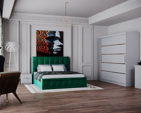 Dormitor Regal cu Pat Tapitat Stofa Verde cu dulap 200*200 usi glisante Alb cu, noptiere si comoda [1]