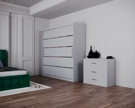 Dormitor Regal cu Pat Tapitat Stofa Verde cu dulap 200*200 usi glisante Alb cu, noptiere si comoda [4]