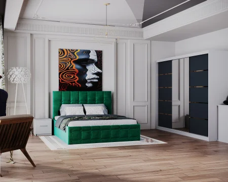 Seturi Dormitor - Dormitor Regal cu Pat Tapitat Stofa Verde cu dulap 250*200 usi glisante Alb&Antracit cu Oglinda, noptiere si comoda