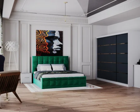 Seturi Dormitor - Dormitor Regal cu Pat Tapitat Stofa Verde cu dulap 250*200 usi glisante Alb&Antracit, noptiere si comoda
