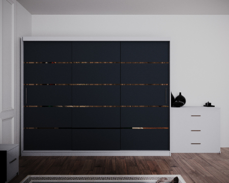 Dormitor Regal cu Pat Tapitat Stofa Verde cu dulap 250*200 usi glisante Alb&Antracit, noptiere si comoda [2]