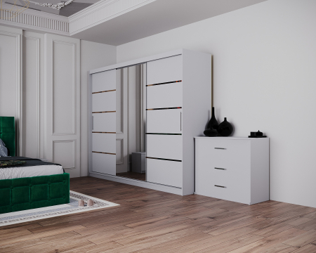 Dormitor Regal cu Pat Tapitat Stofa Verde cu dulap 250*200 usi glisante Alb cu Oglinda, noptiere si comoda [4]